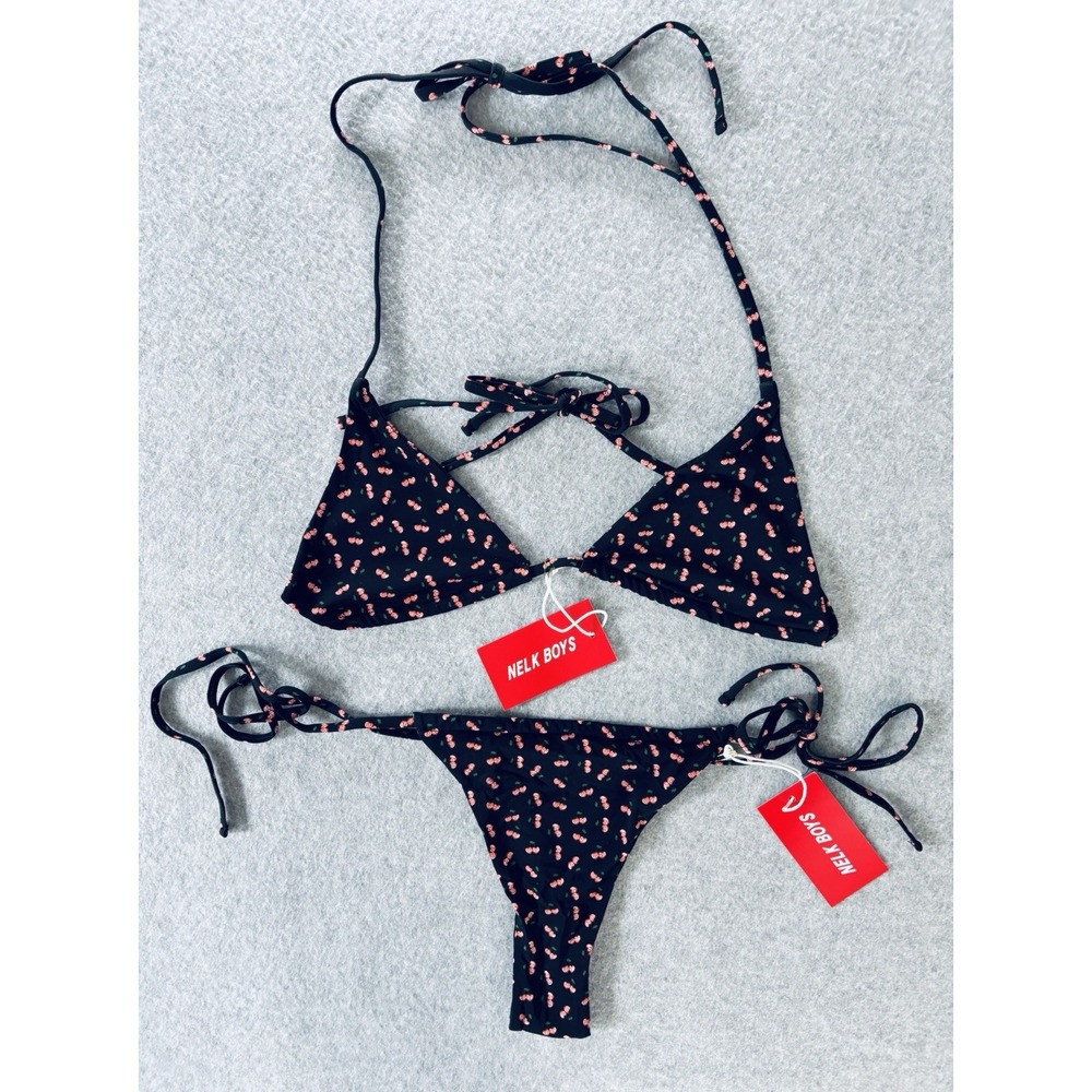 Full Send Cherry Print Bikini Triangle Top Tie String Swimsuit Black Medium New!
